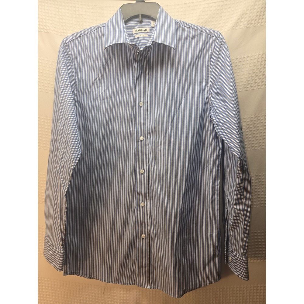 Haggar Mens Slim Fit Blue Stripe Long Sleeve Dress Shirt 15 Neck 34/35 Sleeve